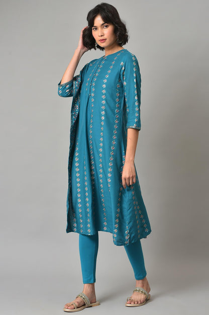 W for Woman Teal Blue Saree Style kurta With Tights