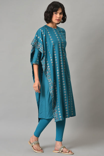 W for Woman Teal Blue Saree Style kurta With Tights