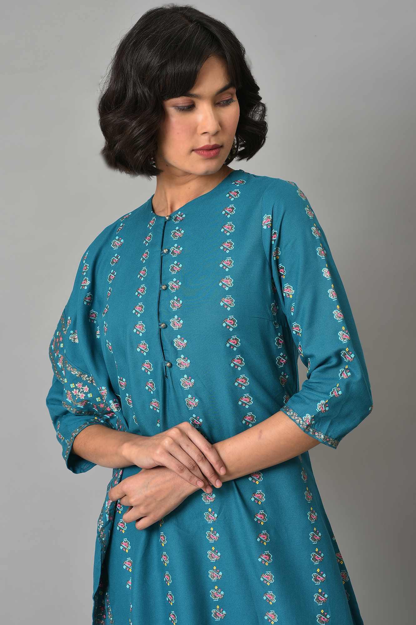 W for Woman Teal Blue Saree Style kurta With Tights