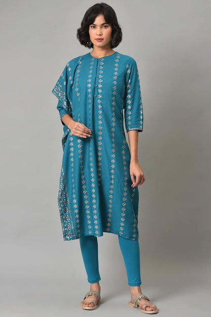 W for Woman Teal Blue Saree Style kurta With Tights