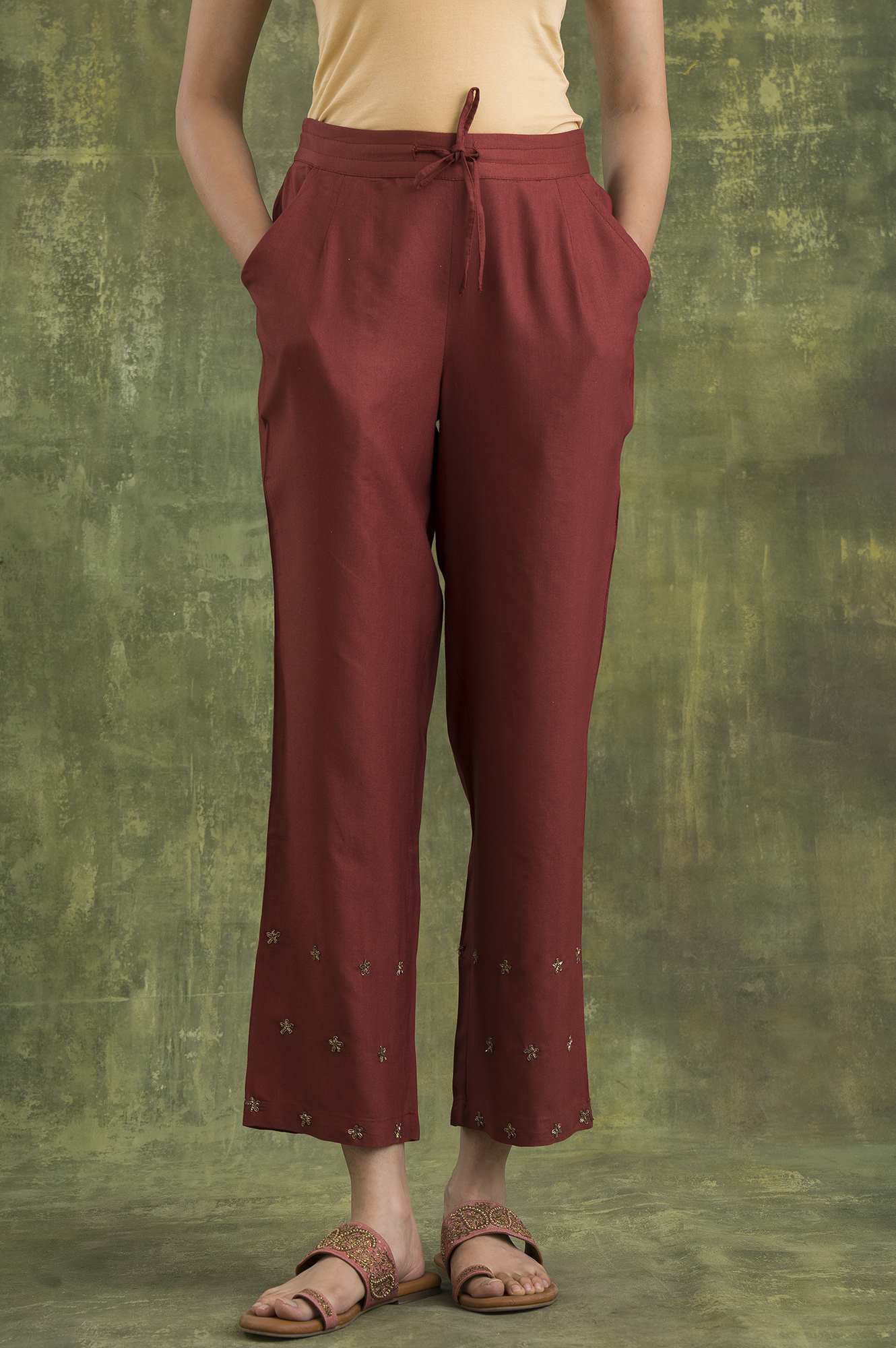W for Woman Pink Solid Straight Pants
