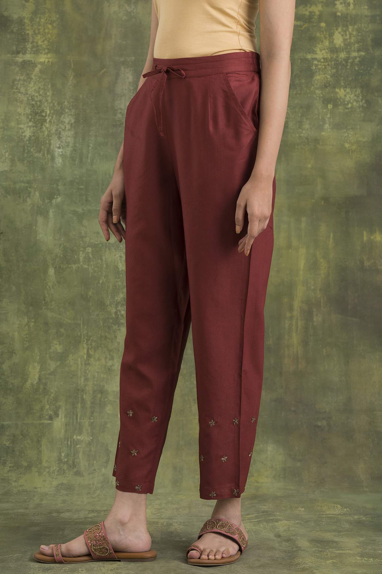 W for Woman Pink Solid Straight Pants