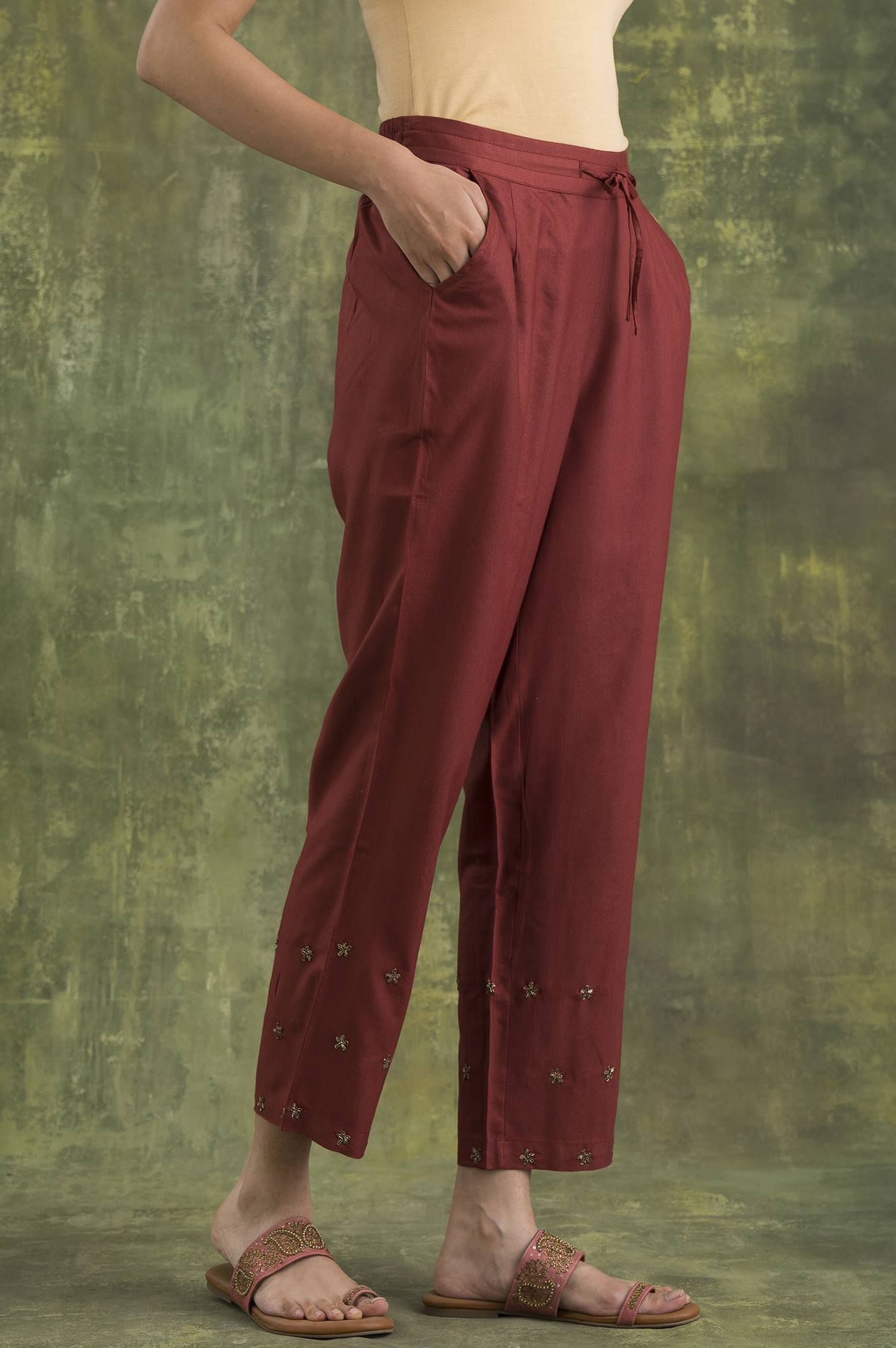 W for Woman Pink Solid Straight Pants