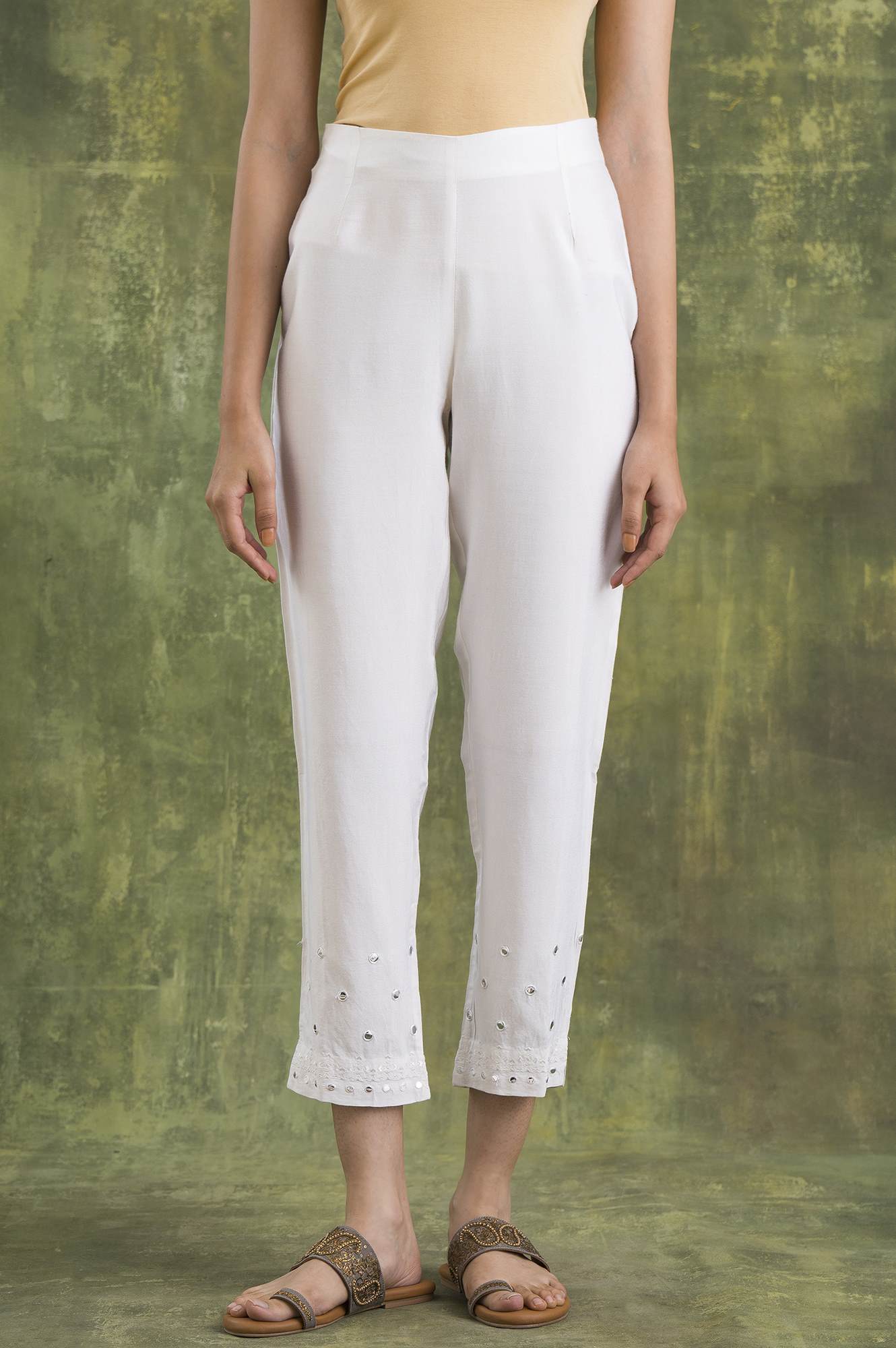 W for Woman Marshmallow White Solid Slim Pants