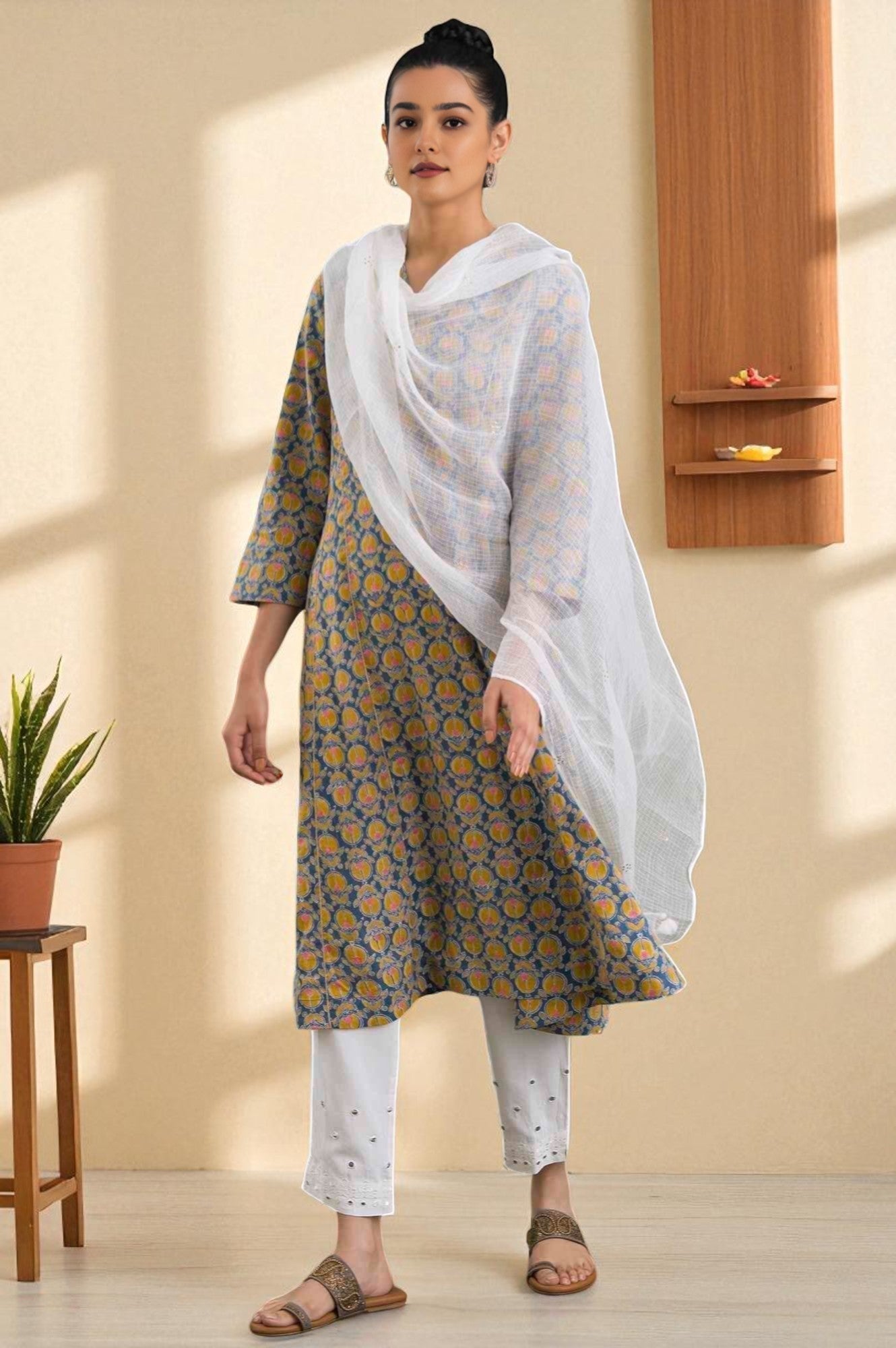 W for Woman Ecru Kota Doriya Mukaish Drape
