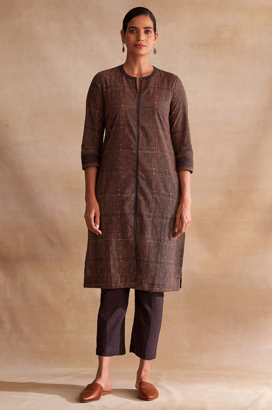 W for Woman Folksong By W Dark Brown Handblock Print kurta