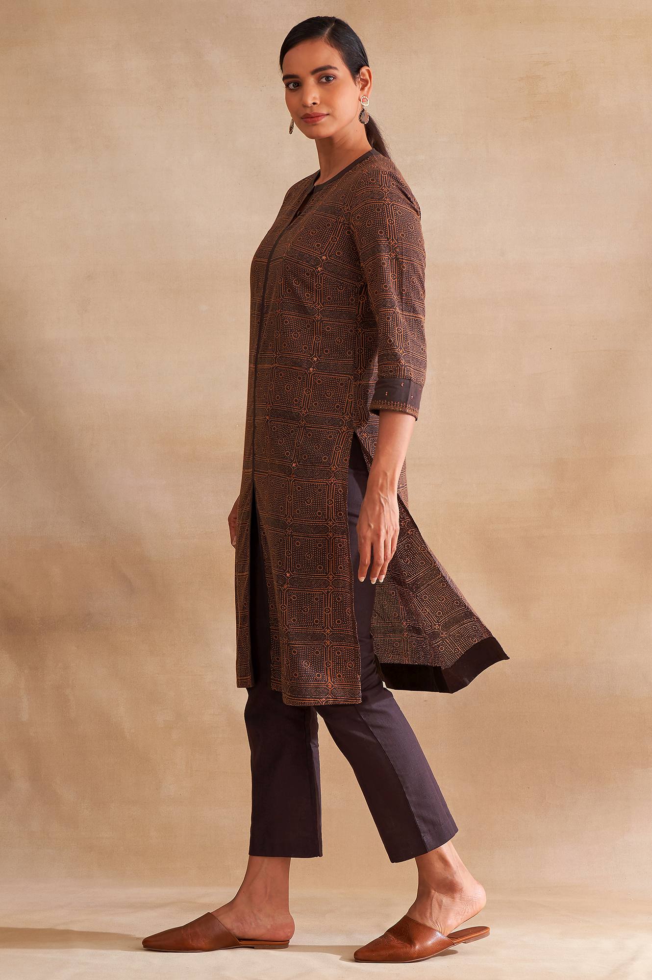 W for Woman Folksong By W Dark Brown Handblock Print kurta