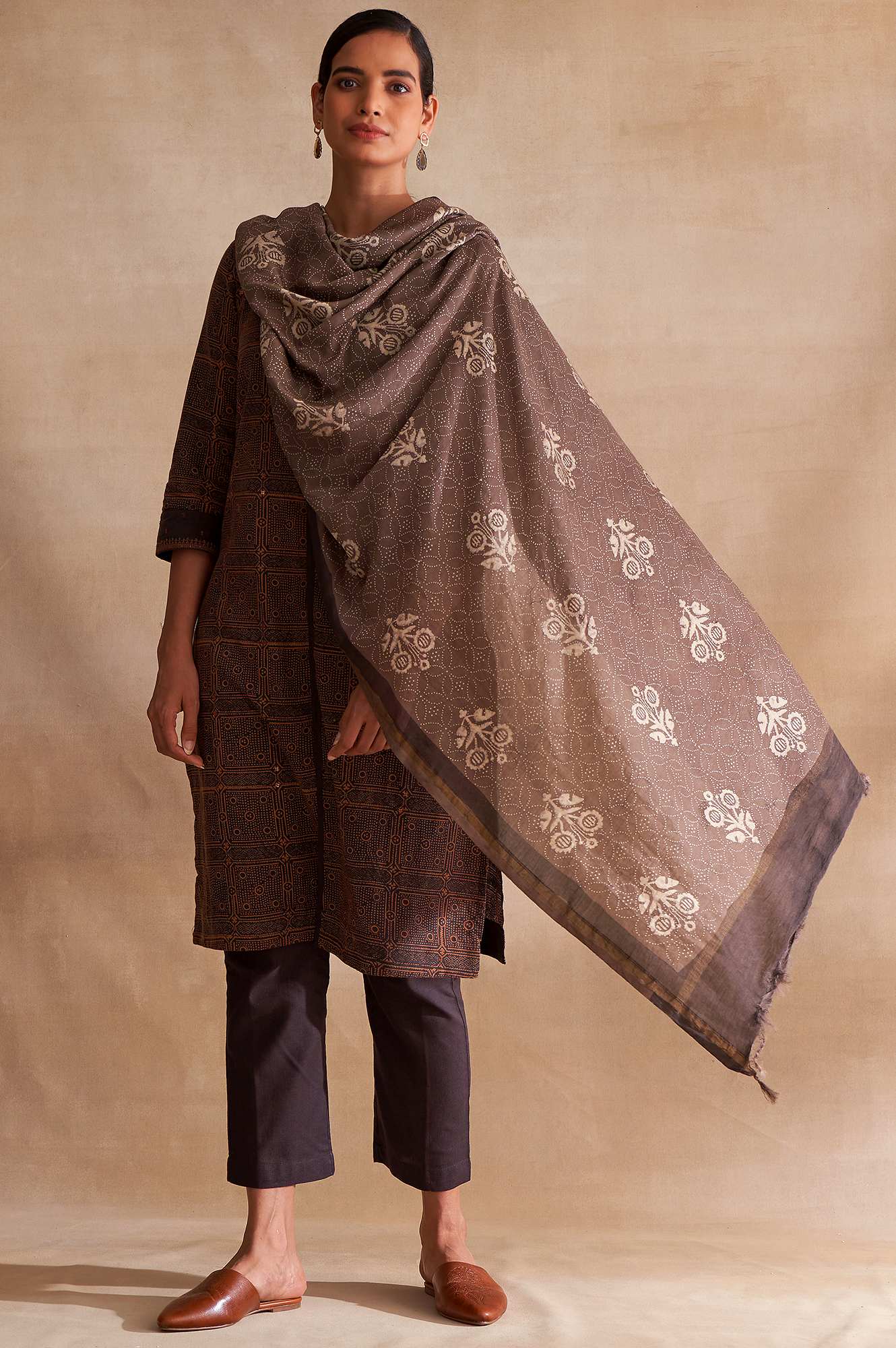 W for Woman Folksong By W Dark Brown Handblock Print kurta
