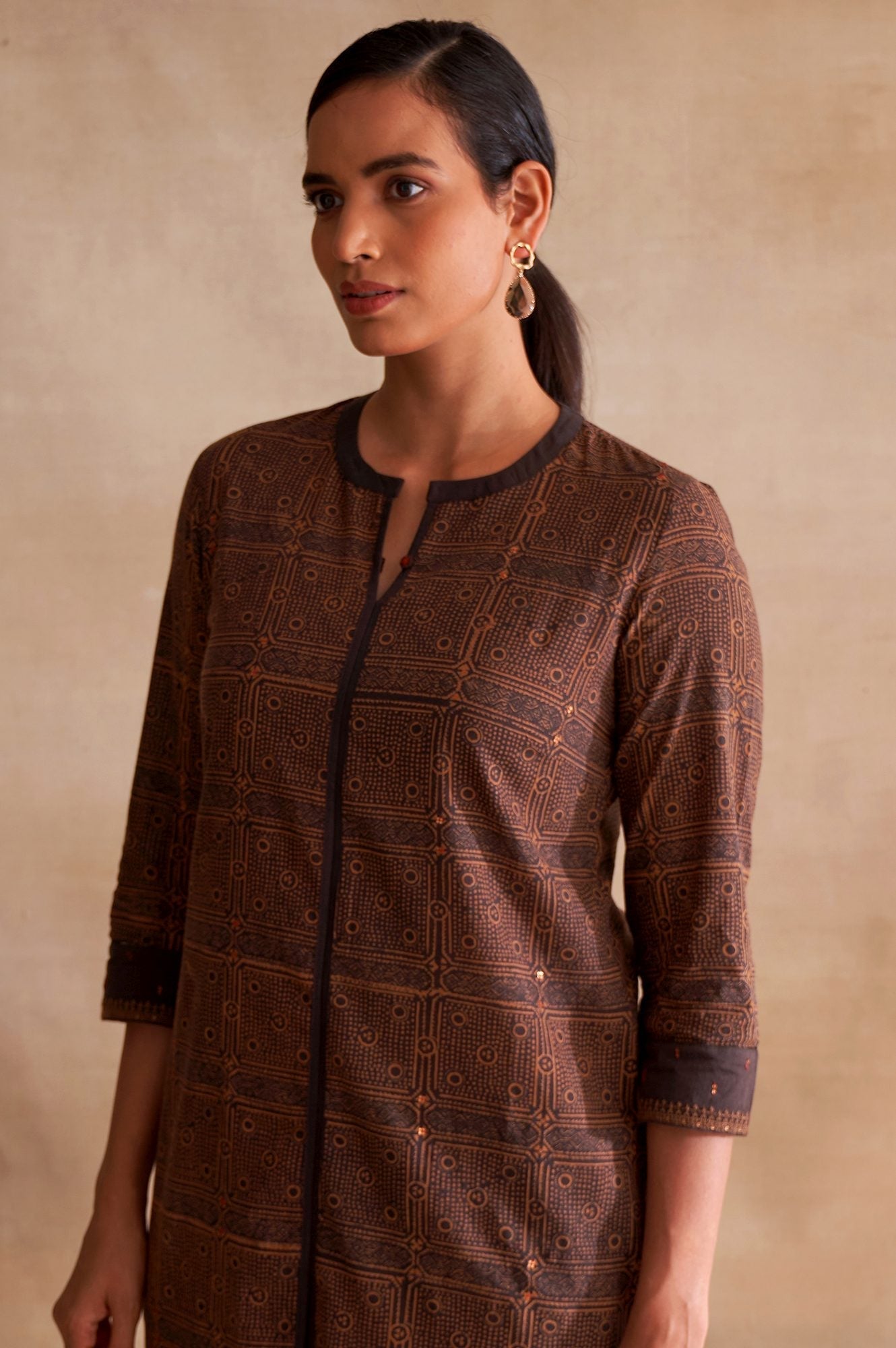 W for Woman Folksong By W Dark Brown Handblock Print kurta