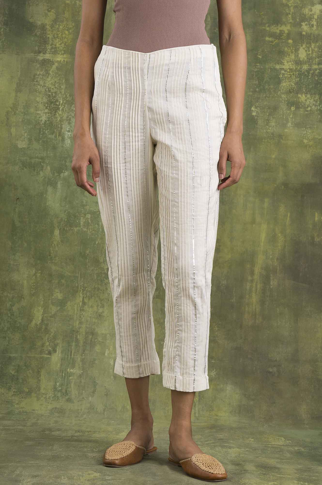 W for Woman Ecru Solid Slim Pants