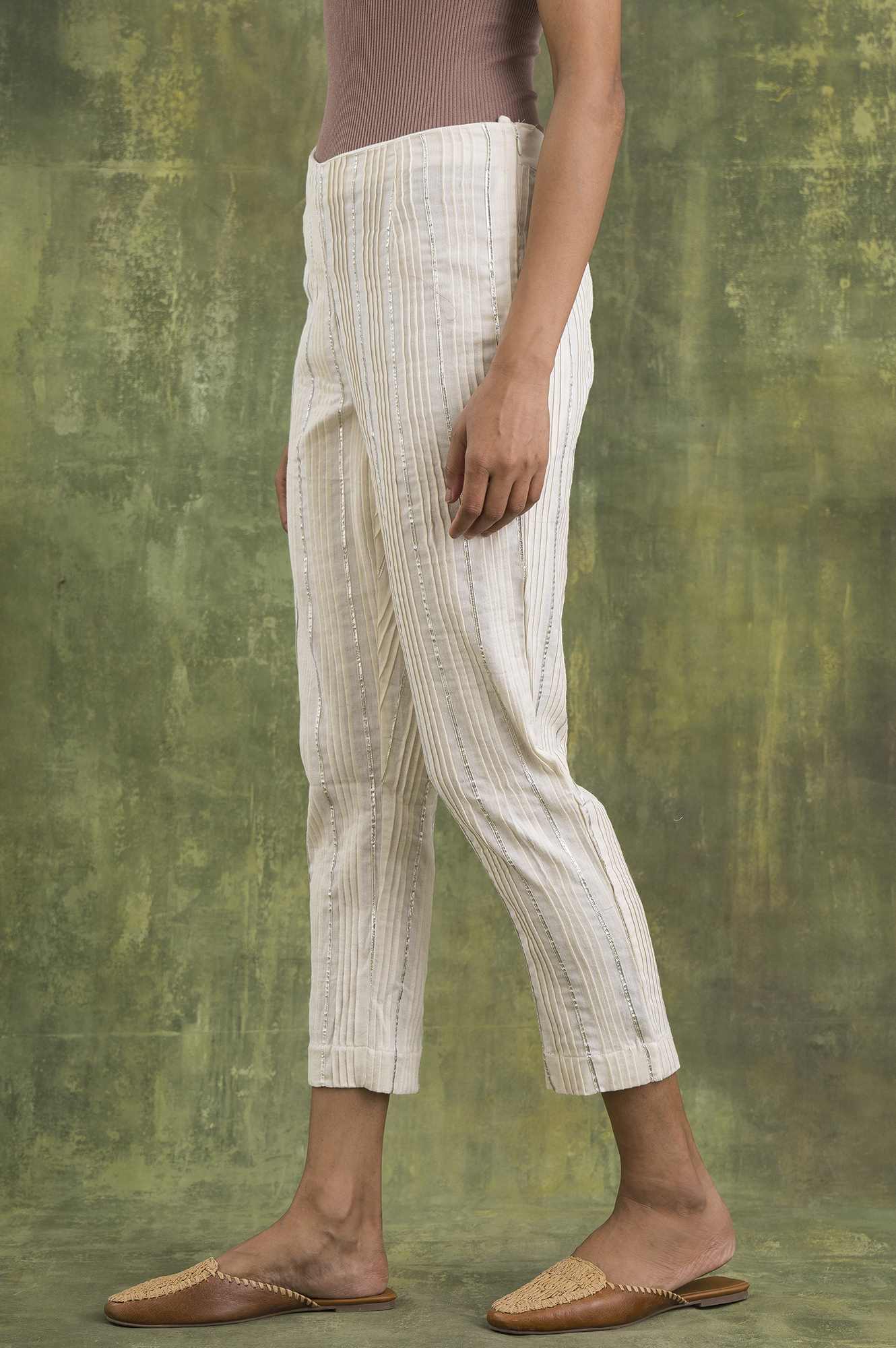 W for Woman Ecru Solid Slim Pants