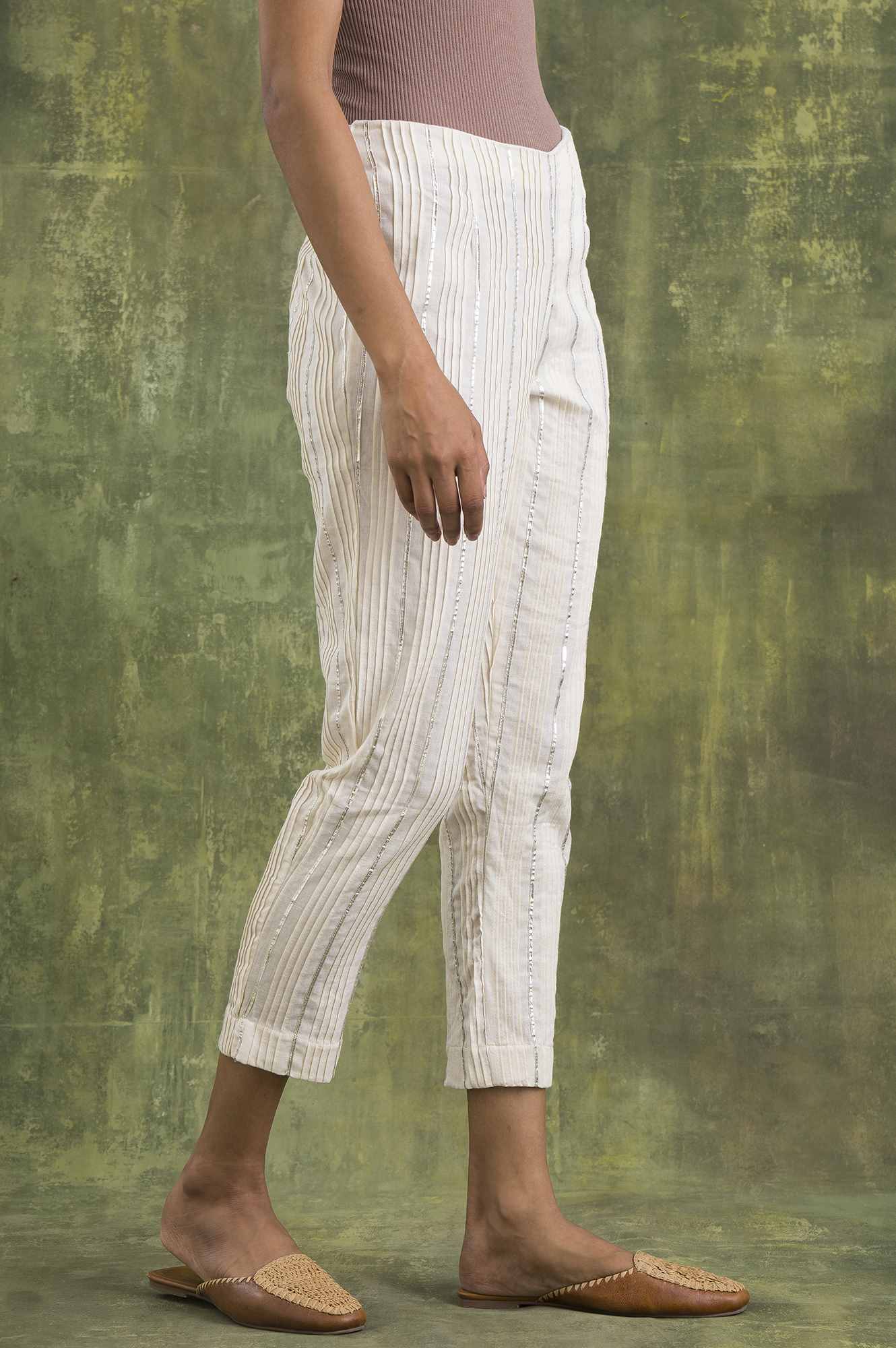 W for Woman Ecru Solid Slim Pants