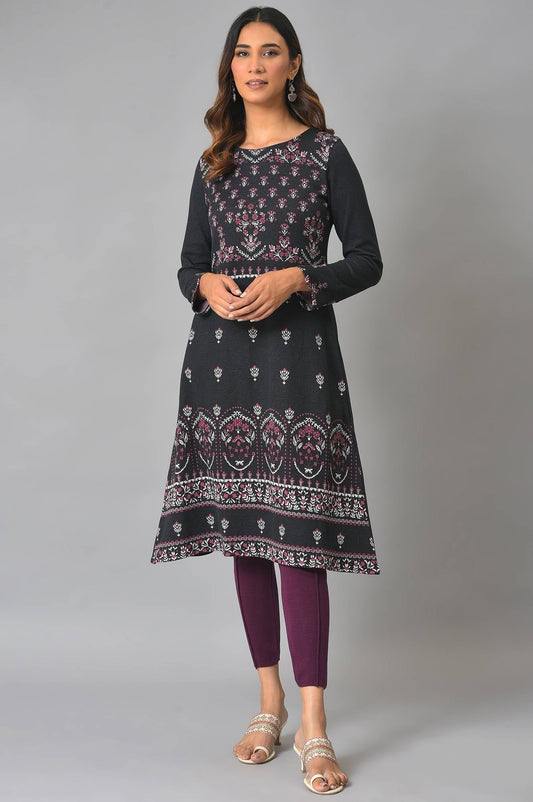 W for Woman Plus Size Black A-Line Placement Printed Winter kurta