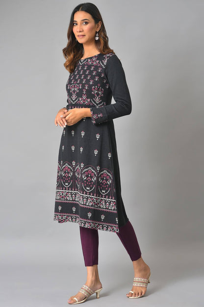 W for Woman Plus Size Black A-Line Placement Printed Winter kurta