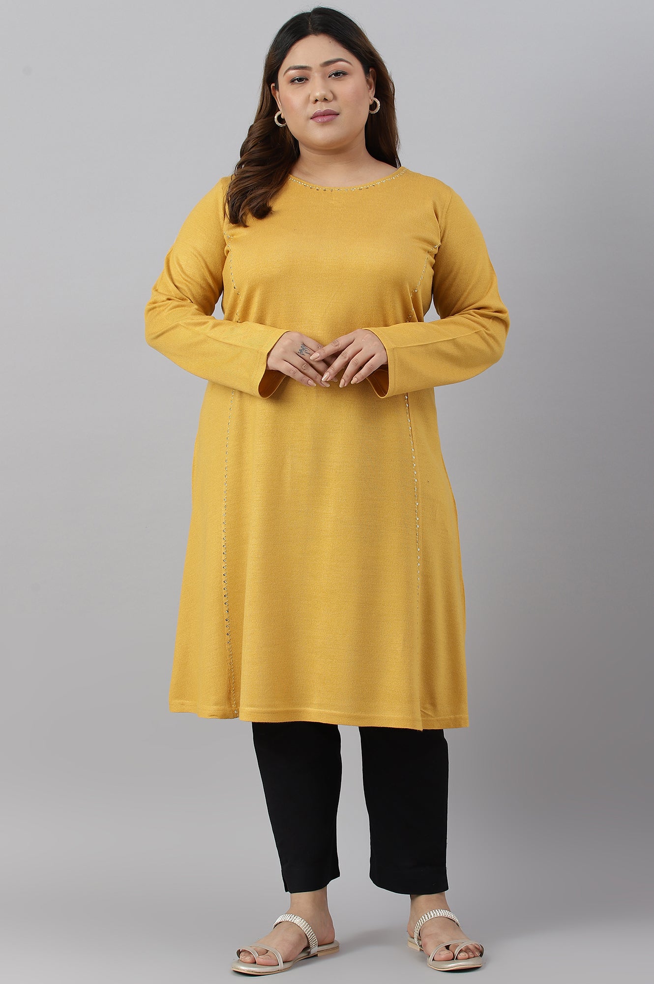 W for Woman Plus Size Yellow A-Line Embroidered Winter kurta