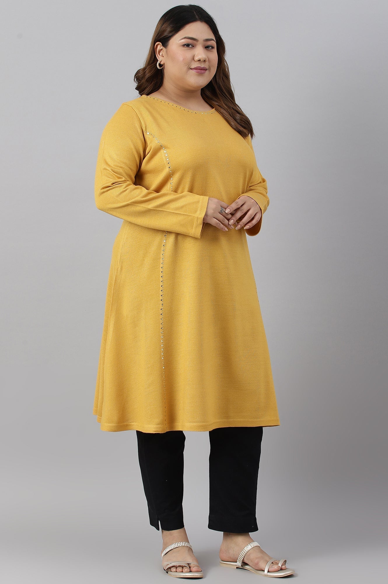 W for Woman Plus Size Yellow A-Line Embroidered Winter kurta
