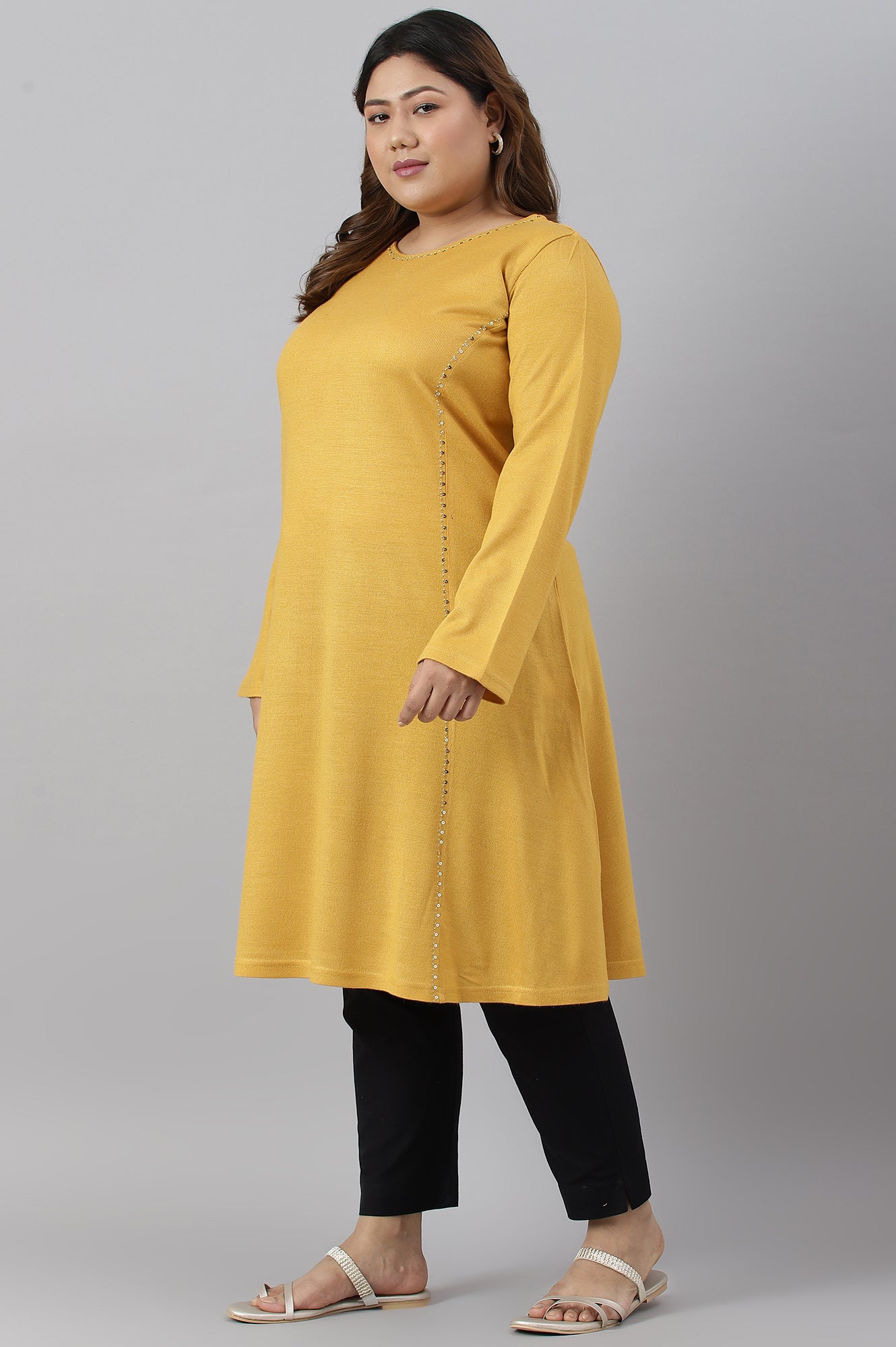 W for Woman Plus Size Yellow A-Line Embroidered Winter kurta
