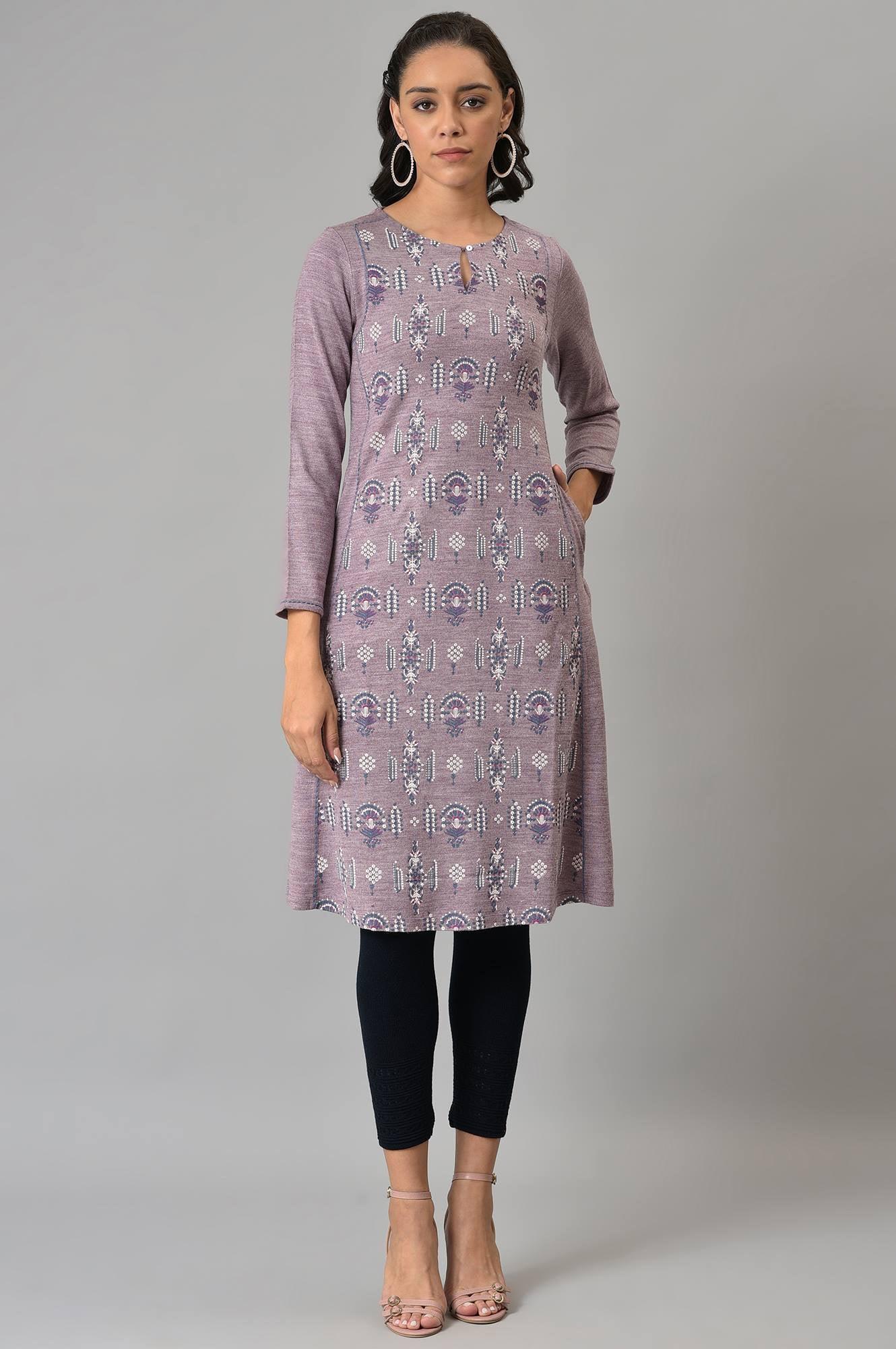 W for Woman Purple A-Line Floral Printed Plus Size Winter Kurta