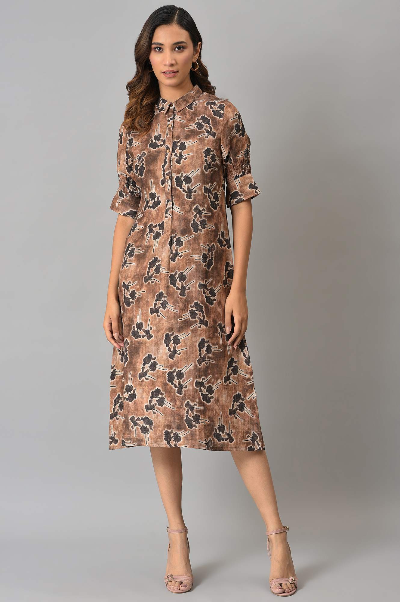 W for Woman Brown Floral Printed Vaccy Dress