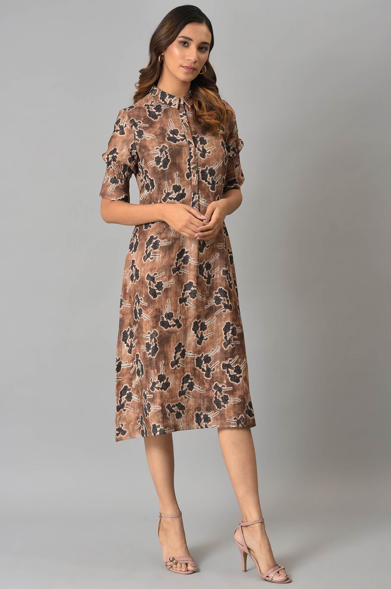 W for Woman Brown Floral Printed Vaccy Dress