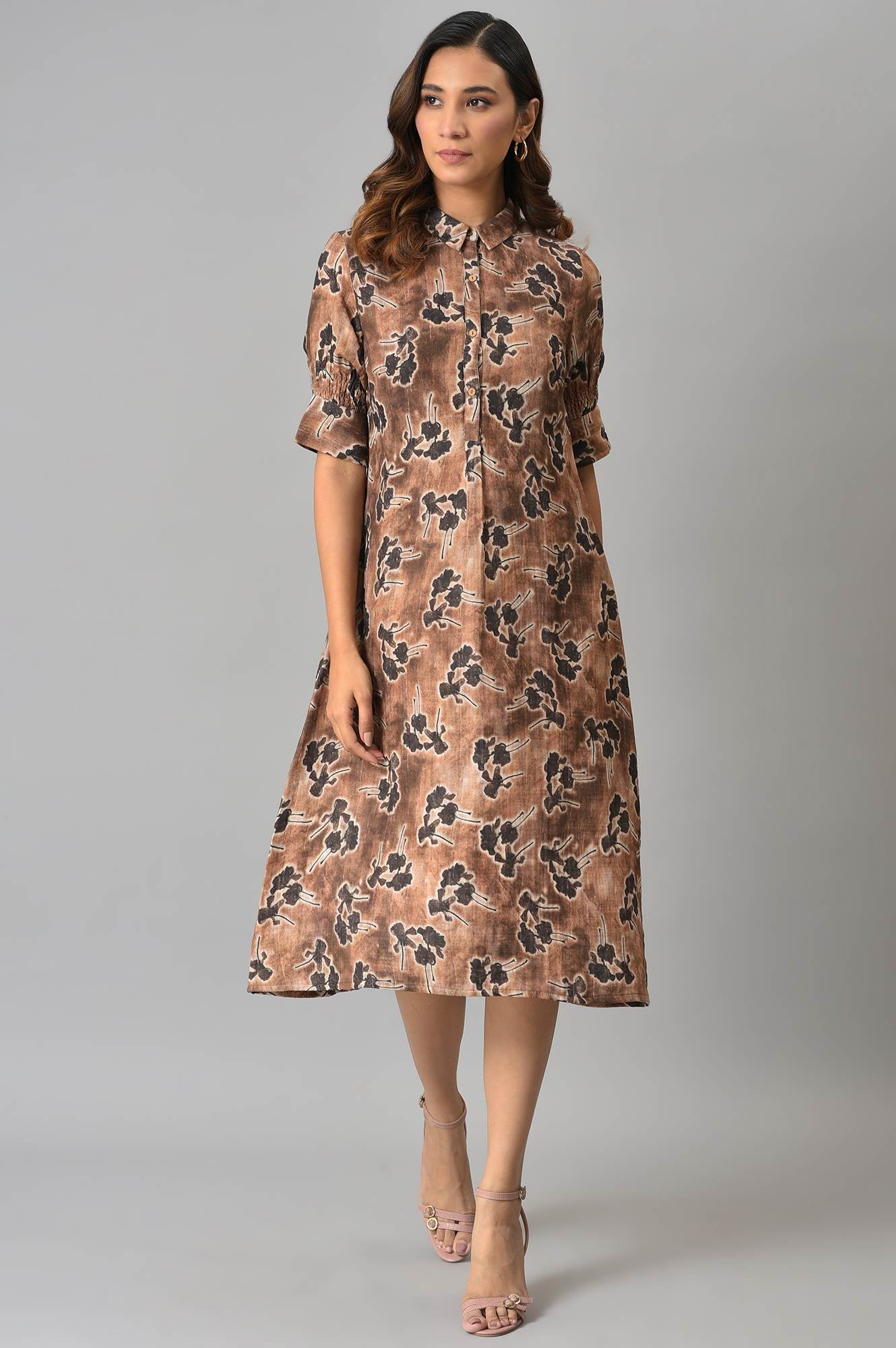 W for Woman Brown Floral Printed Vaccy Dress