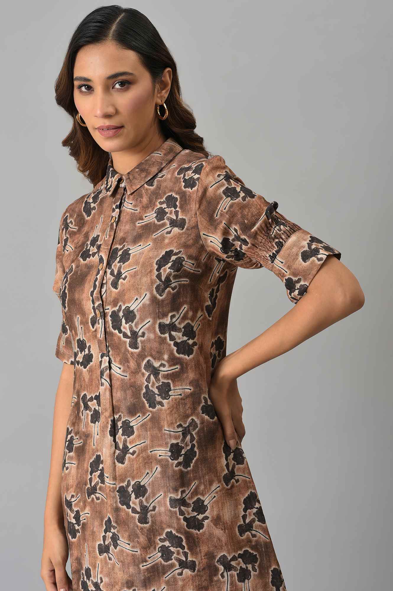 W for Woman Brown Floral Printed Vaccy Dress