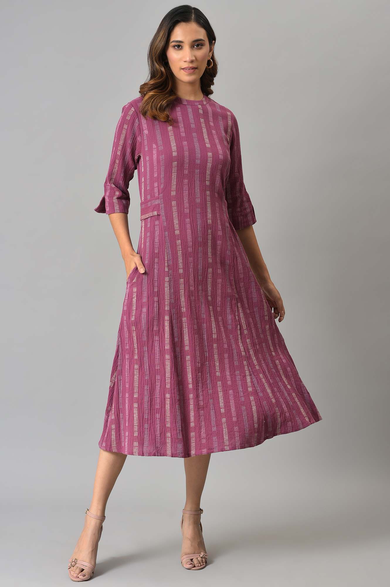 W for Woman Purple Geometric Print Cross Hatch Belt Dress