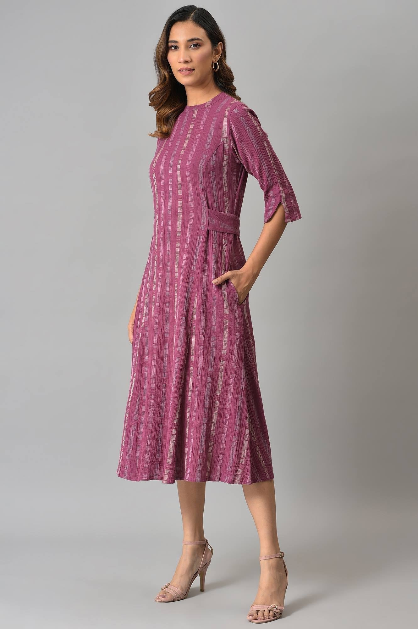 W for Woman Purple Geometric Print Cross Hatch Belt Dress