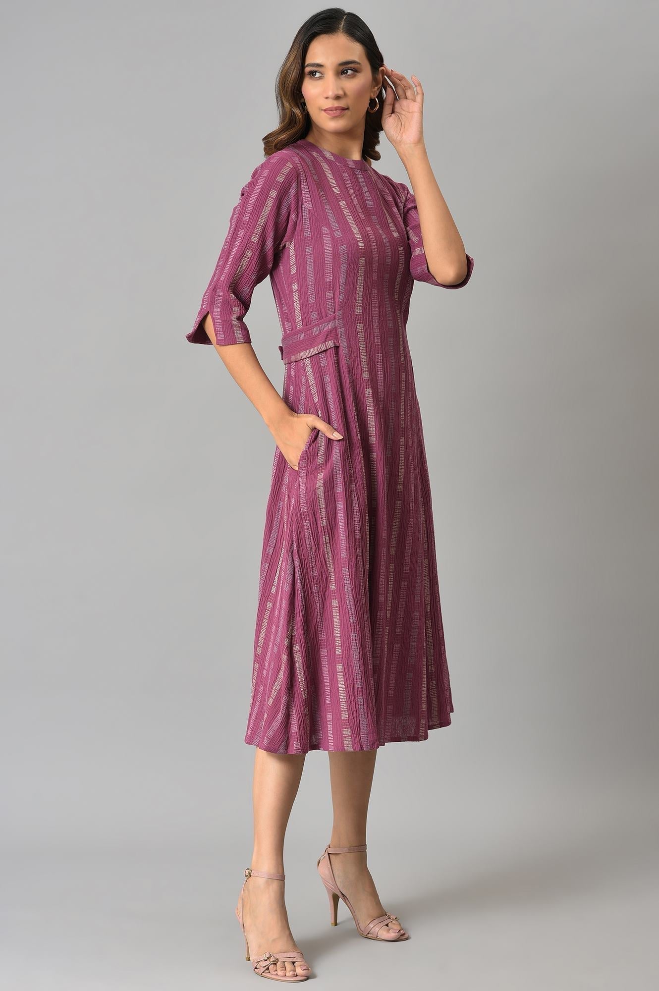 W for Woman Purple Geometric Print Cross Hatch Belt Dress