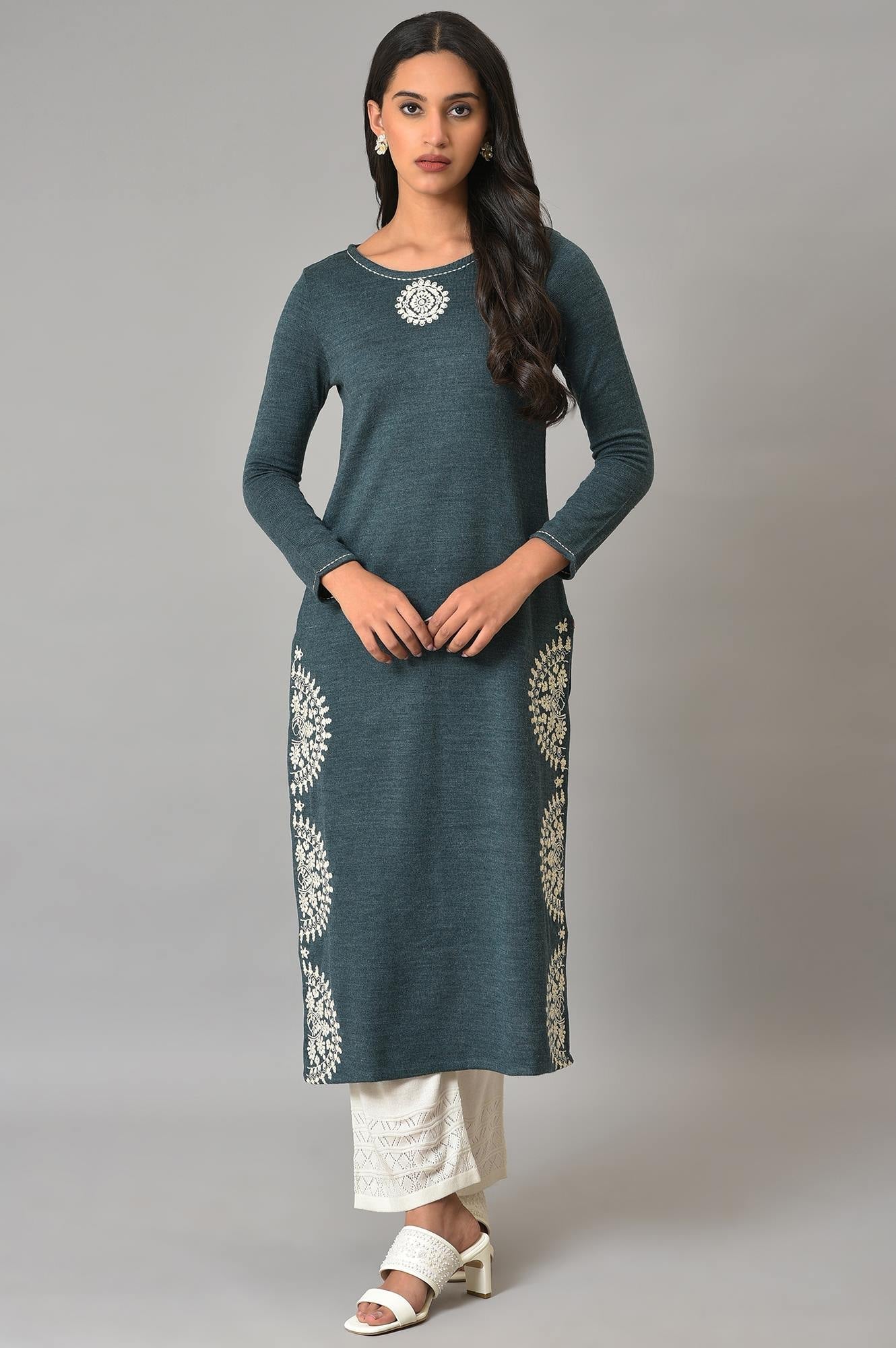 W for Woman Blue Embroidered Plus Size Winter kurta