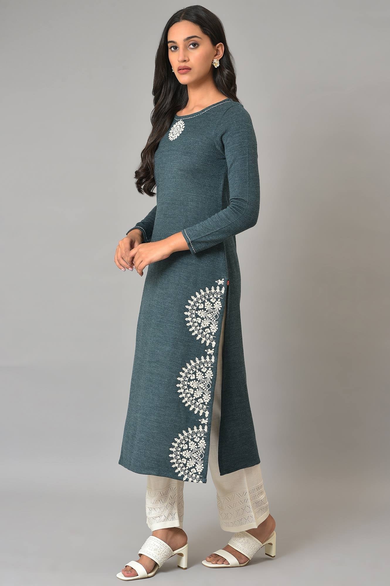 W for Woman Blue Embroidered Plus Size Winter kurta