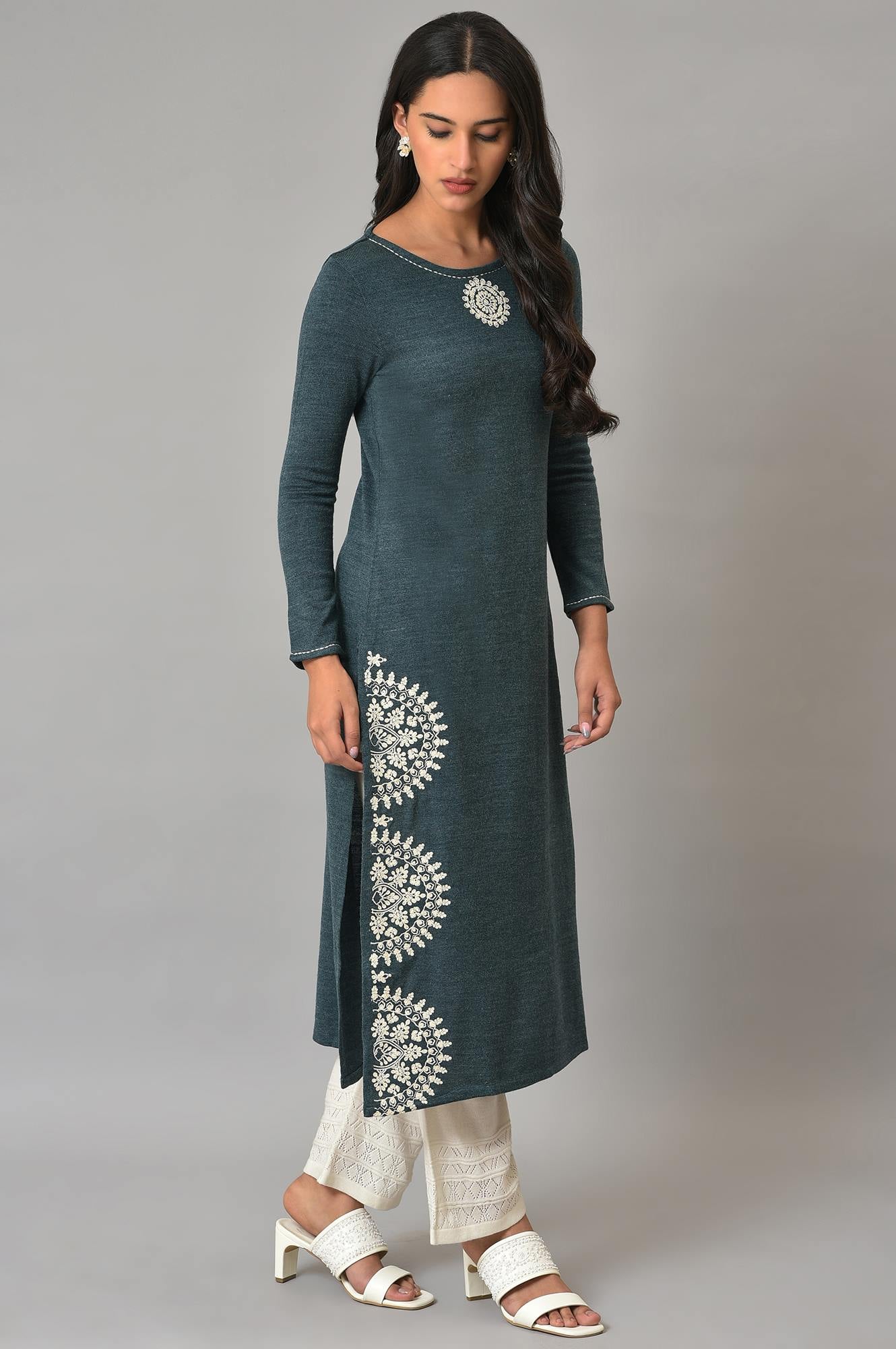 W for Woman Blue Embroidered Plus Size Winter kurta
