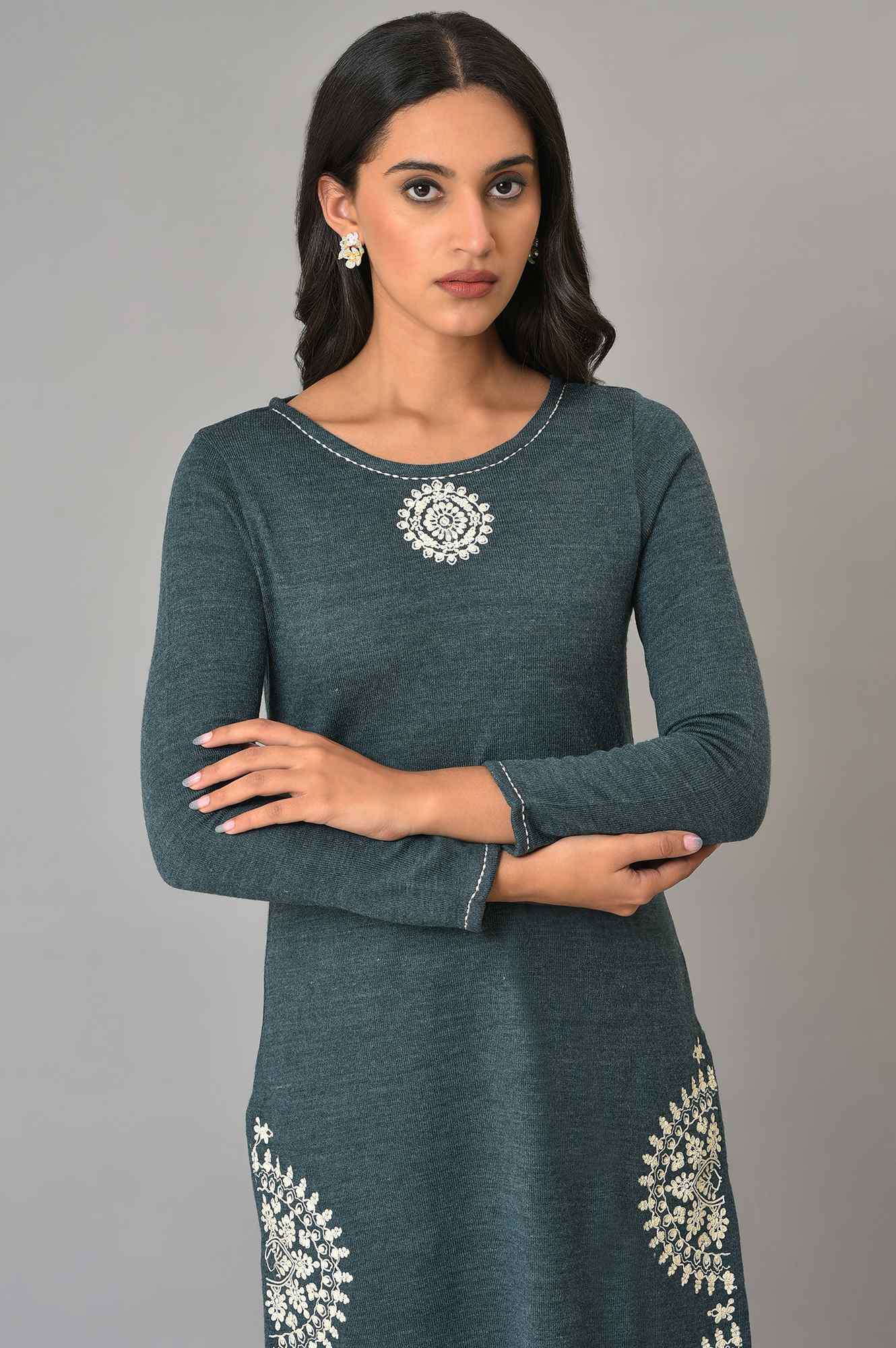 W for Woman Blue Embroidered Plus Size Winter kurta