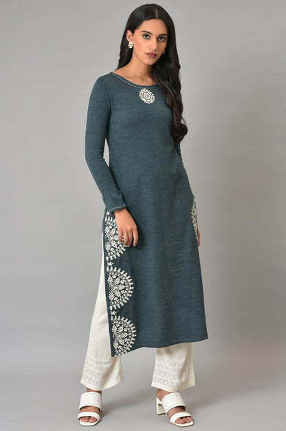 W for Woman Blue Embroidered Plus Size Winter kurta