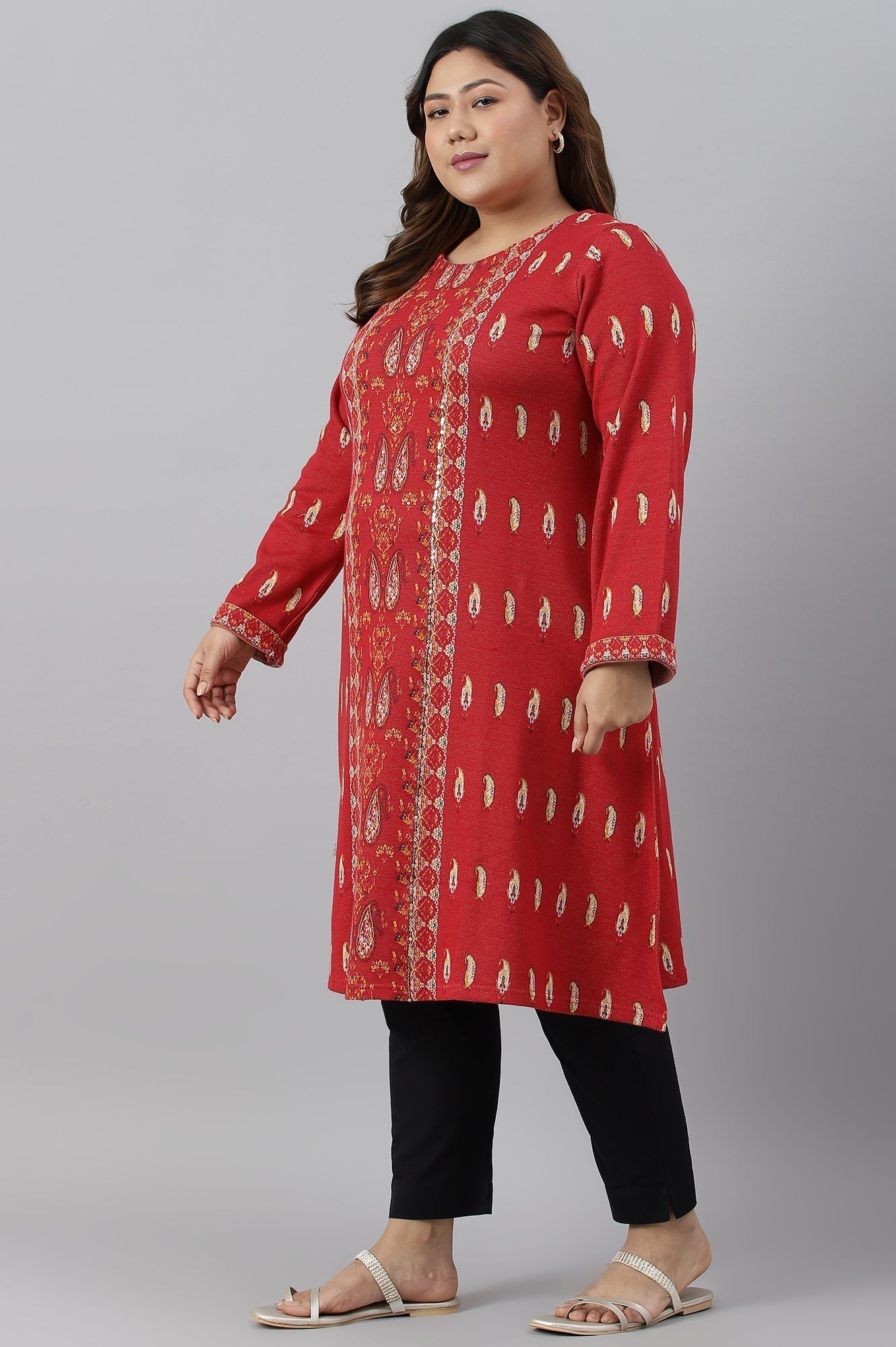 W for Woman Red Paisley Printed Plus Size Winter kurta