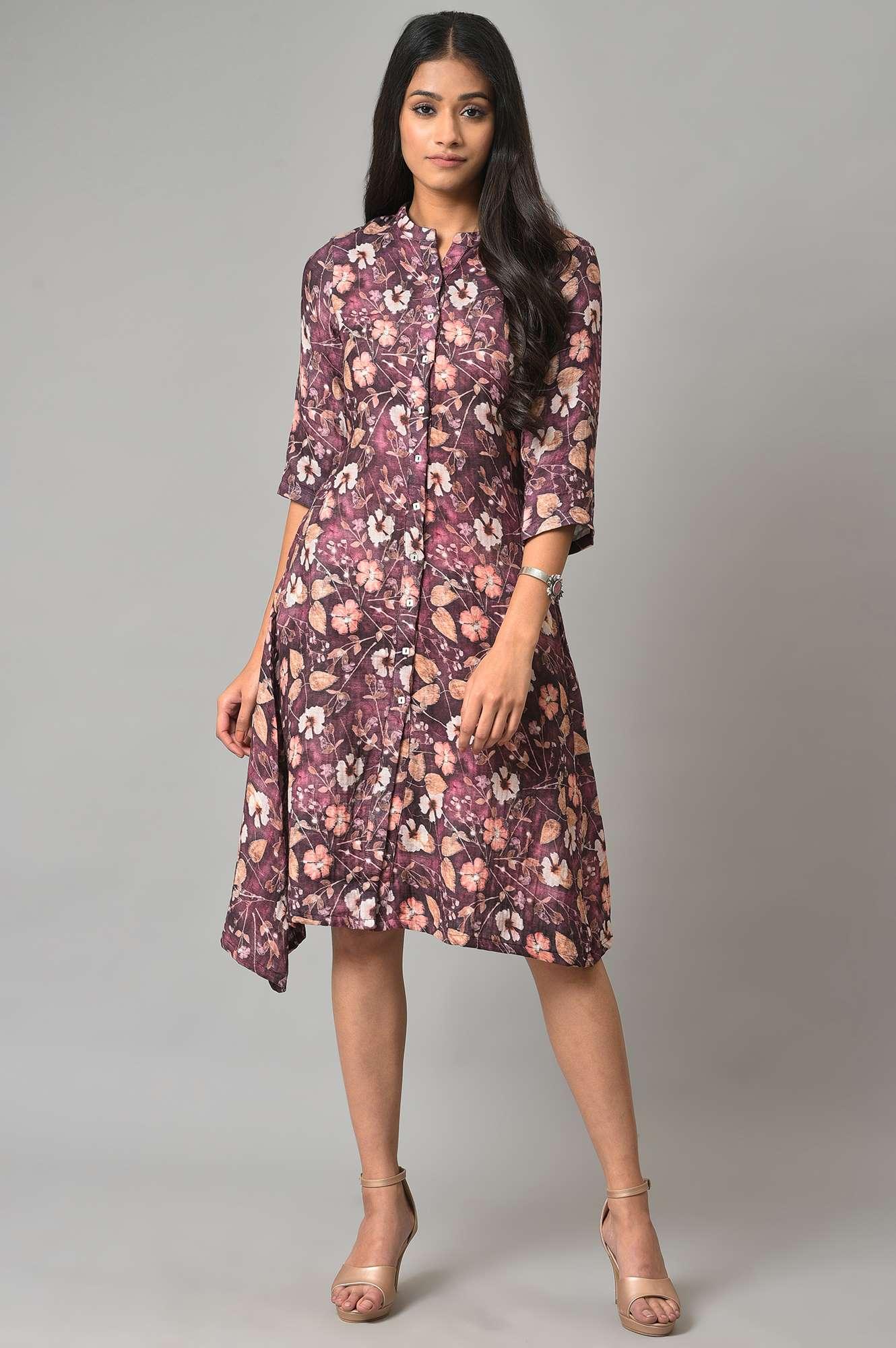 W for Woman Pink Floral Printed Western Shirt Dress
