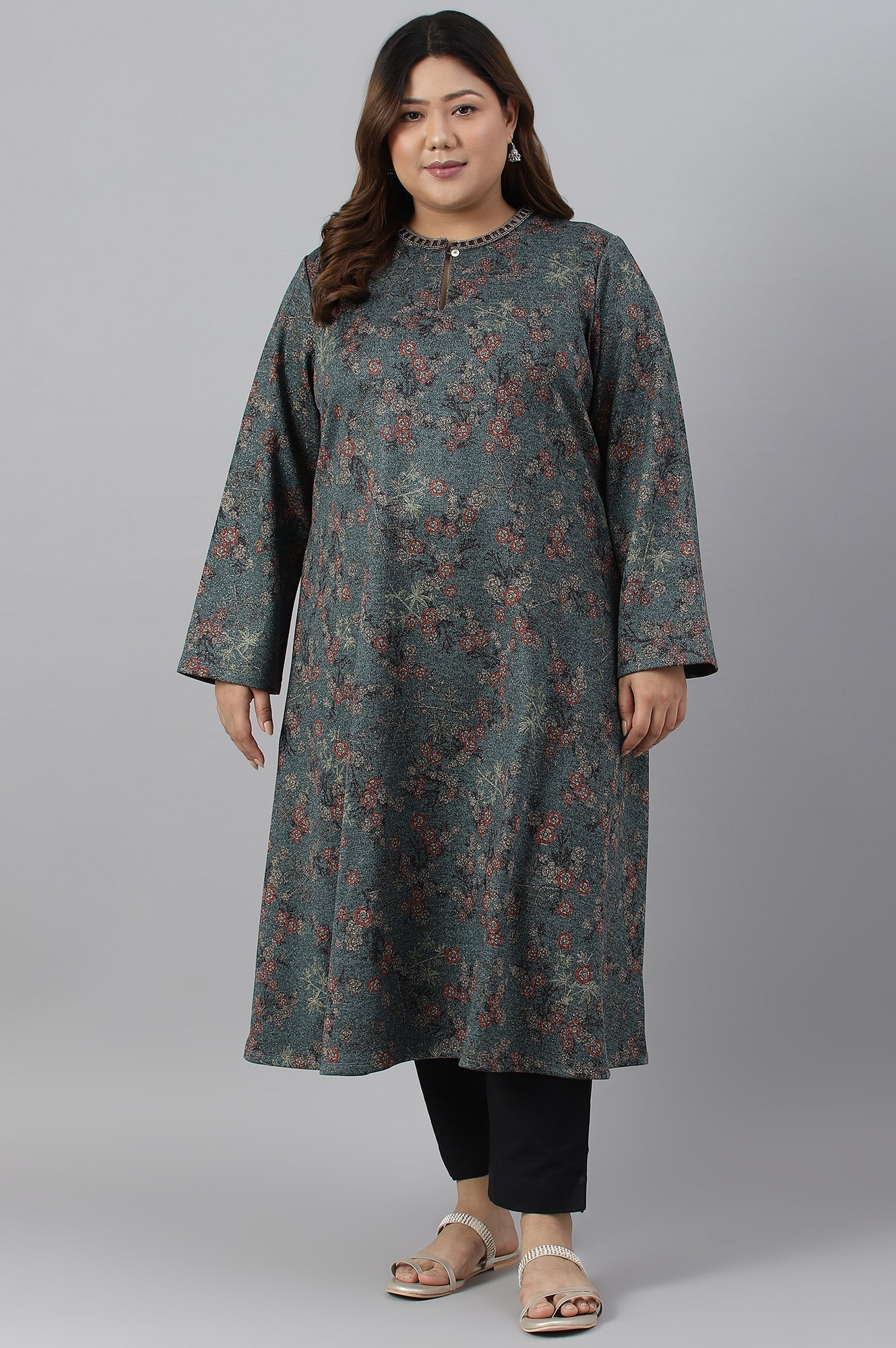 W for Woman Teal Blue Flared Plus Size Winter kurta