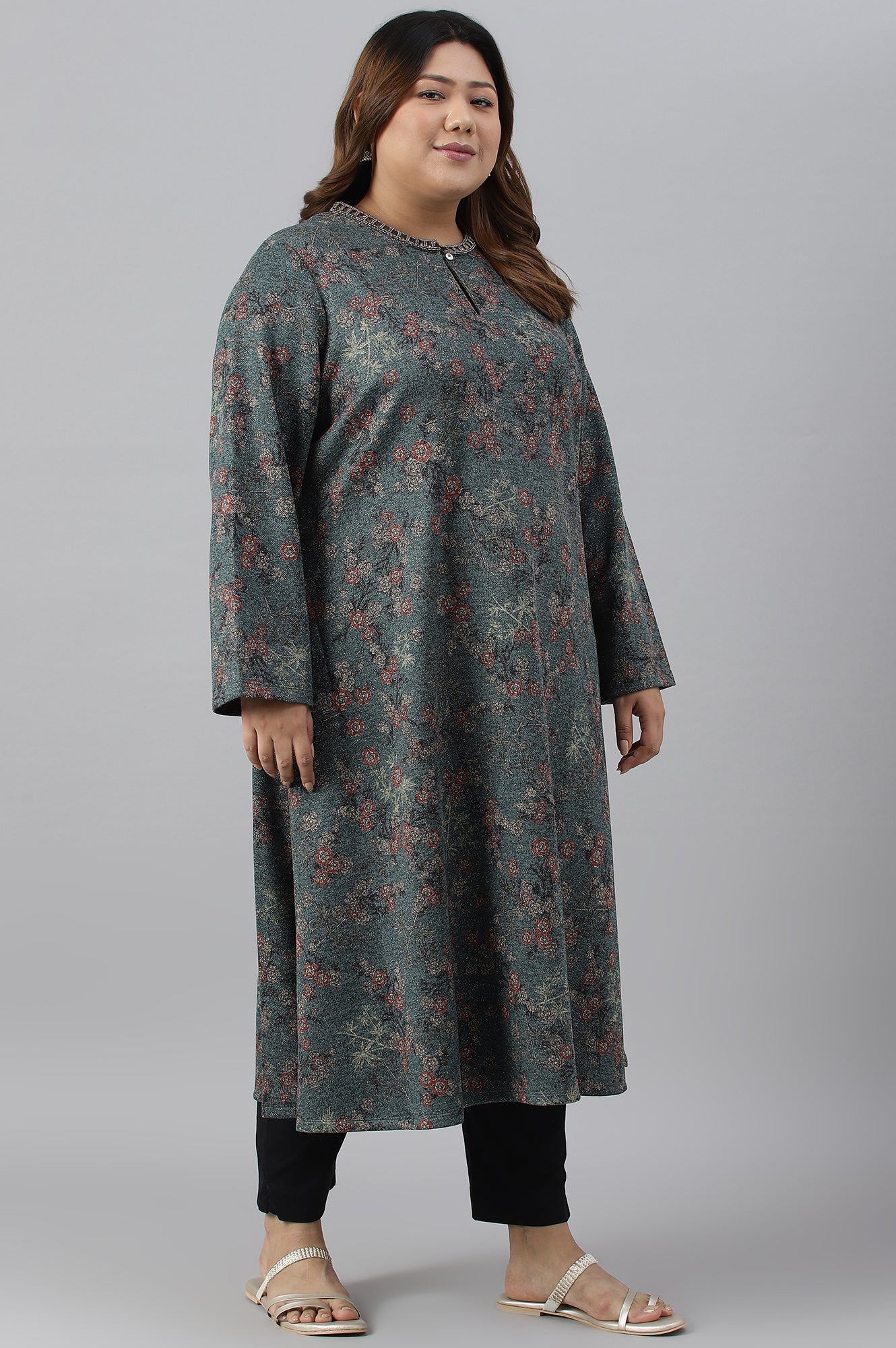 W for Woman Teal Blue Flared Plus Size Winter kurta