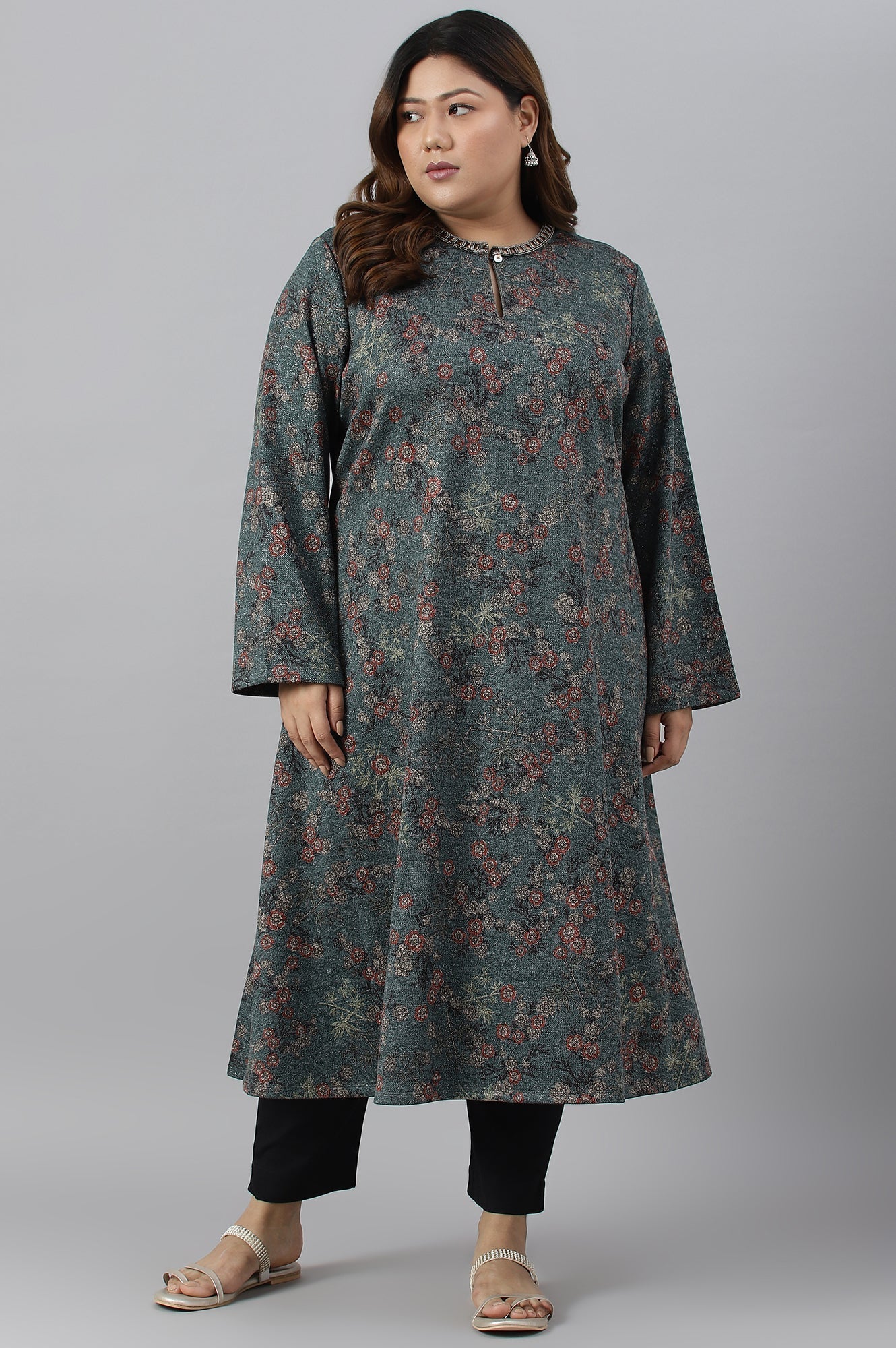 W for Woman Teal Blue Flared Plus Size Winter kurta