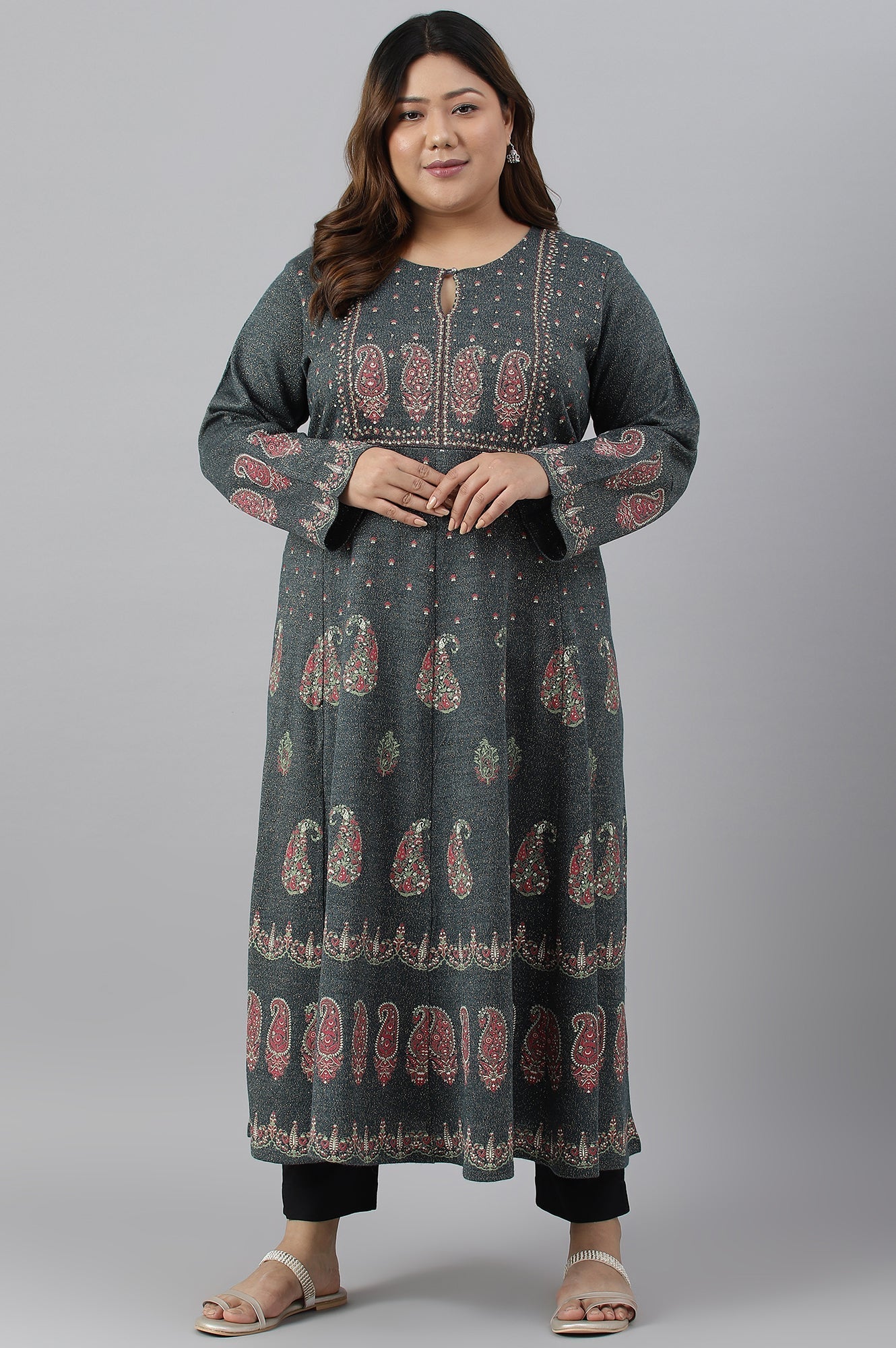 W for Woman Teal Printed A-Line Plus Size Winter kurta