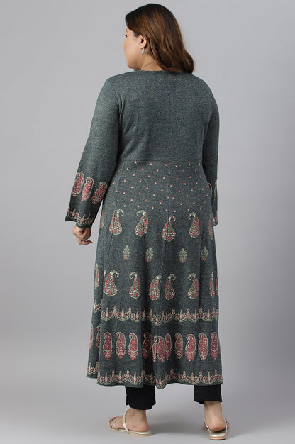 W for Woman Teal Printed A-Line Plus Size Winter kurta