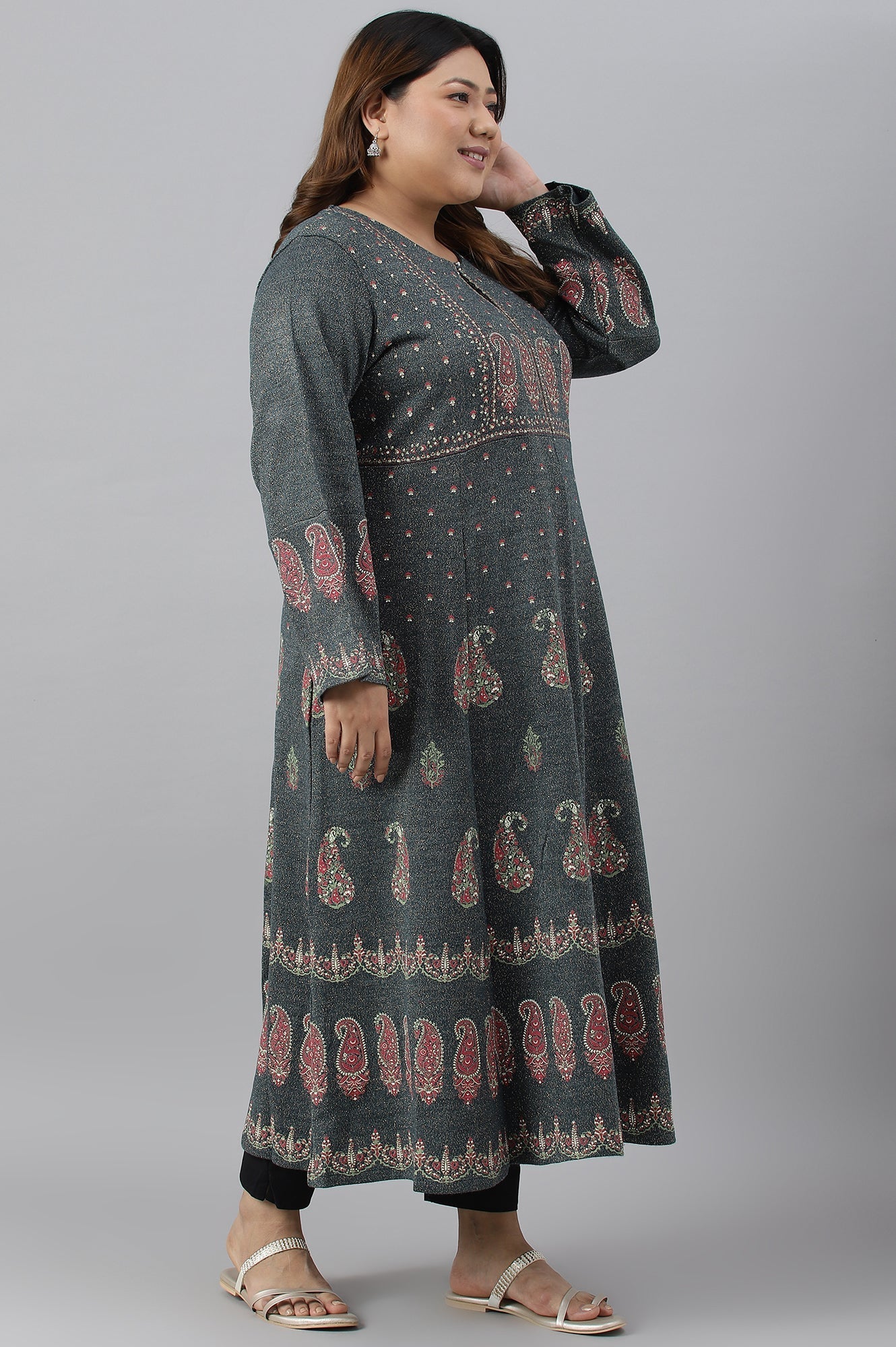W for Woman Teal Printed A-Line Plus Size Winter kurta