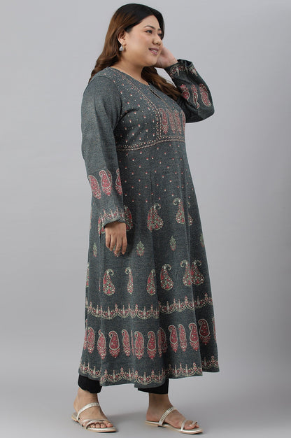 W for Woman Teal Printed A-Line Plus Size Winter kurta