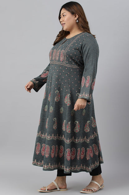 W for Woman Teal Printed A-Line Plus Size Winter kurta
