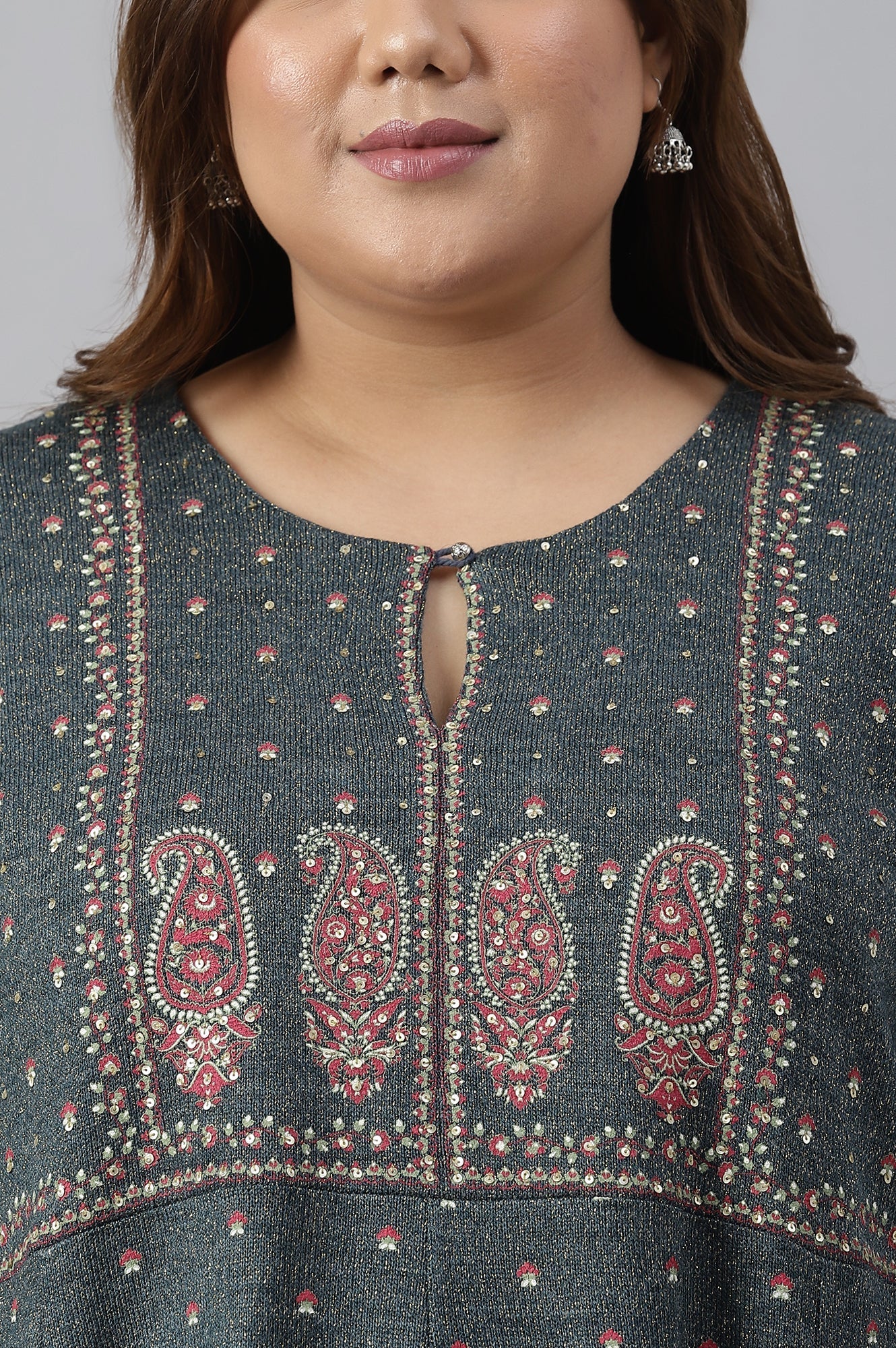 W for Woman Teal Printed A-Line Plus Size Winter kurta