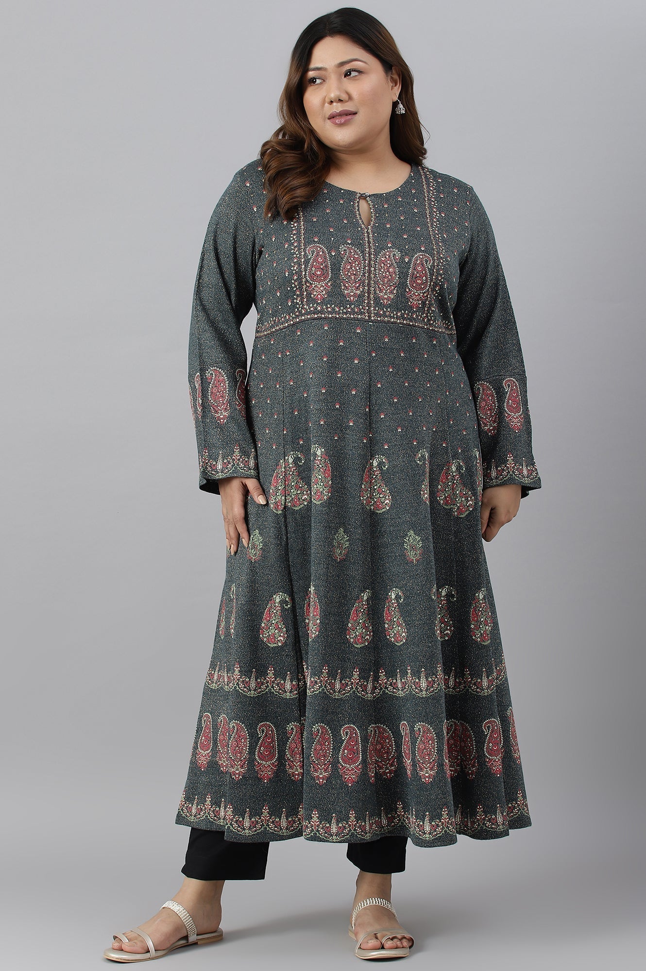 W for Woman Teal Printed A-Line Plus Size Winter kurta