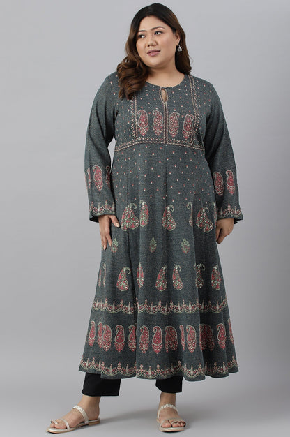 W for Woman Teal Printed A-Line Plus Size Winter kurta