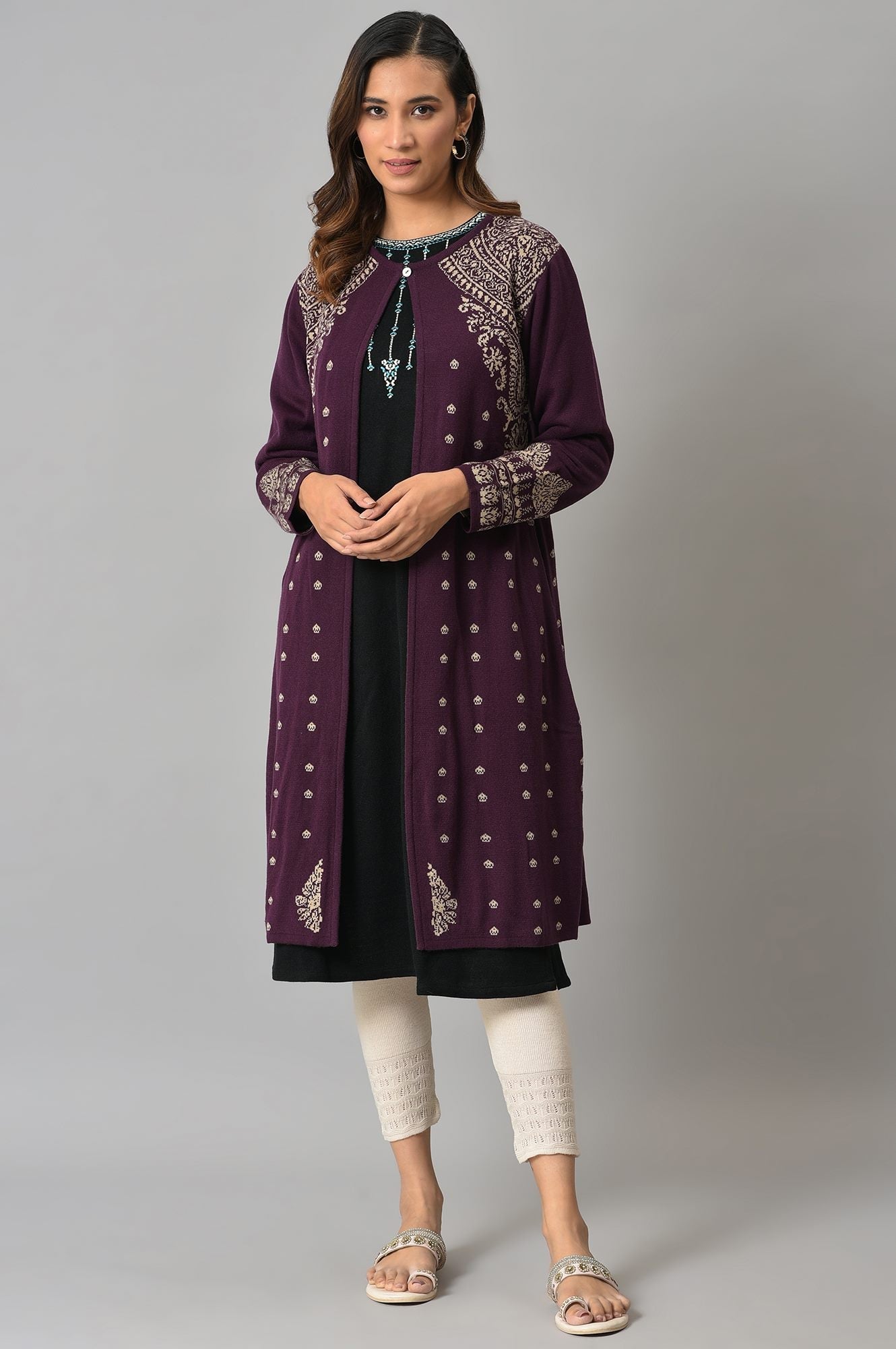 W for Woman Purple Reversible Jacqaurd Cardigan