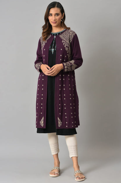 W for Woman Purple Reversible Jacqaurd Cardigan