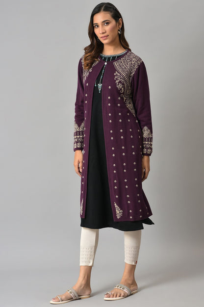 W for Woman Purple Reversible Jacqaurd Cardigan